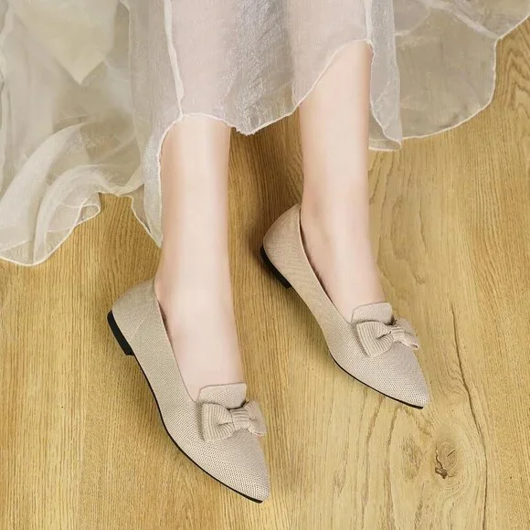 Women Nude Pointed Toe Dressy Comfortable Knit Breathable Mesh Ballet Flats - Picture 7 of 7